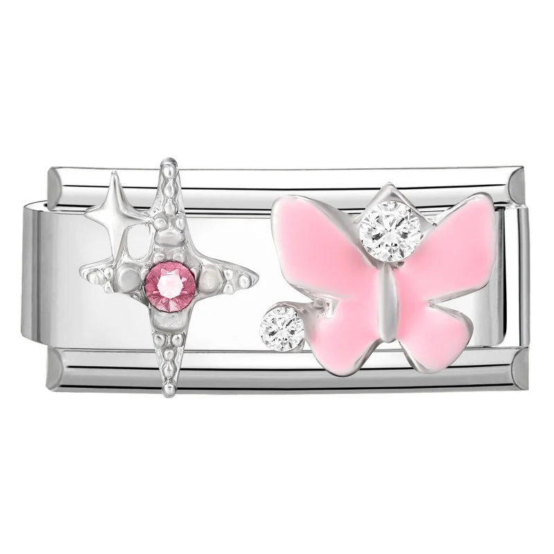 Y2K Zircon Pink Heart Star Butterfly Bow Long Italian Charm Link Fit 9mm Bracelet Stainless Steel Women DIY Making Jewelry Gifts