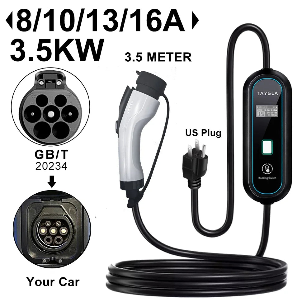 TAYSLA GBT TYPE 1 J1772 Charger 3.5KW 16A US Plug NEMA 5-15 Plugs Electric Car Charging Cable Portable EV Charger for BYD