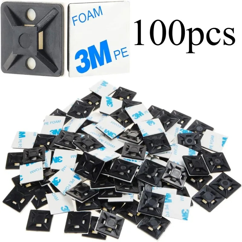 100pcs Self Adhesive Cable Zip Tie Mounts - Black/White Wire Clips & Holders for Cable Management, Adhesive Anchors for Desk