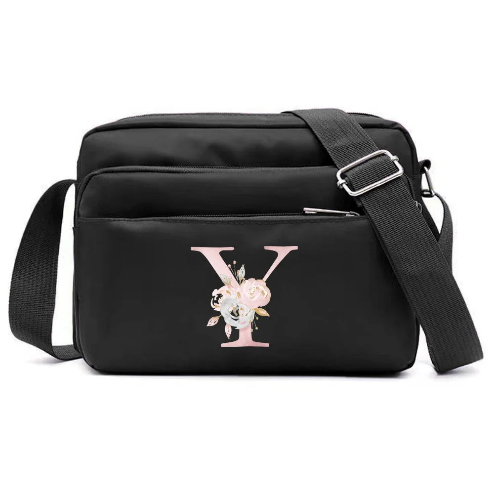 New Simple Black Storage Bag Multi-layer Travel Leisure One Shoulder Crossbody Bag Pink Flower Letter Series Printing Pattern