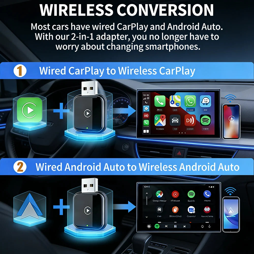 Wireless CarPlay Adapter for iPhone, Convert Wired to Wireless Apple CarPlay Adapter, Mini Size with Extension Cable USB & USB-C