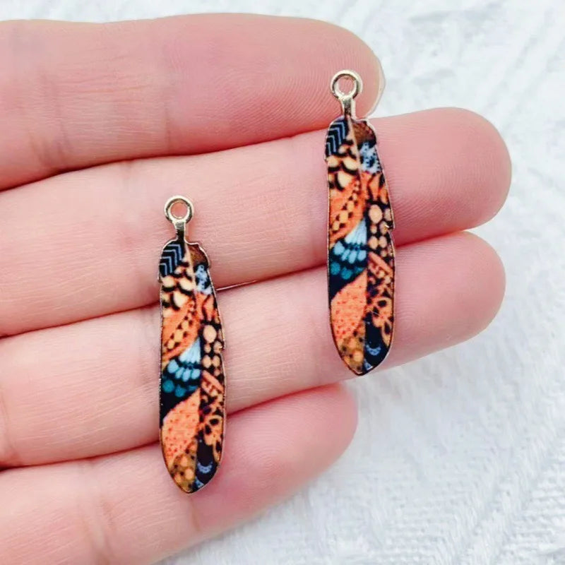 12pcs alloy printed peacock feather pendant, DIY jewelry making earrings, keychain accessories