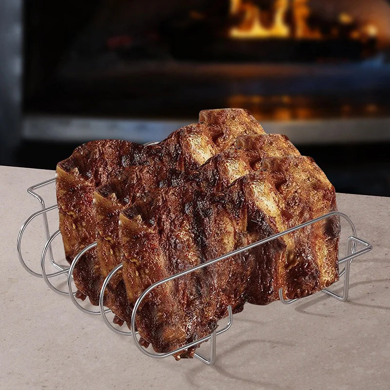 BBQ Steak Racks Non-Stick Coated Steel Roasting Barbecue Rib Meat Lamb Roasting Grilling Stand Holds Outdoor Picnic Rib Rack