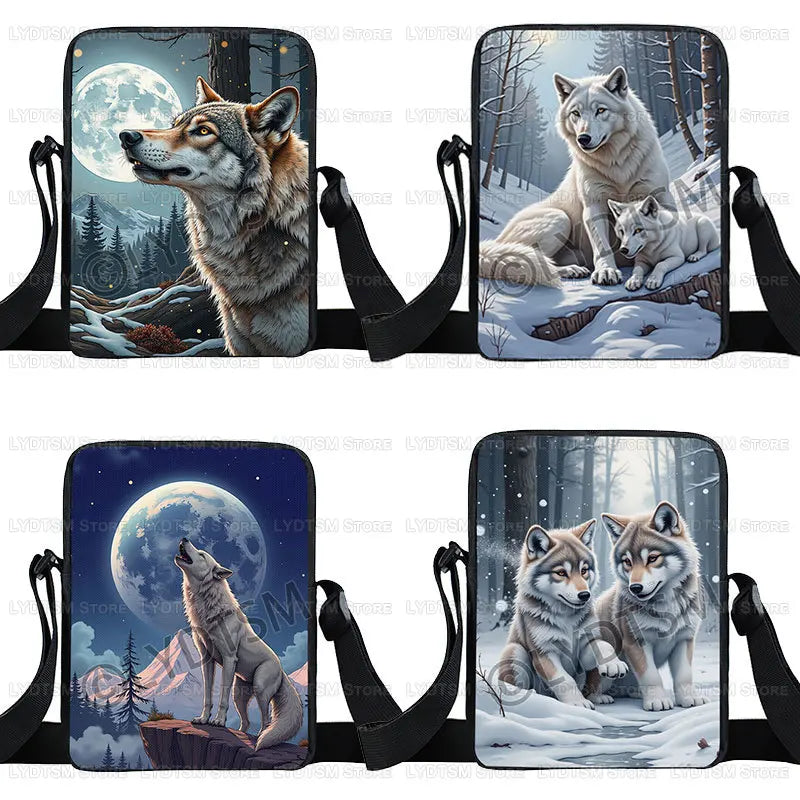 Cool Moon and Howling Wolf Print Crossbody Bag Women Handbag Student Bookbags Phone Wallet Holder Messenger Bags Gift