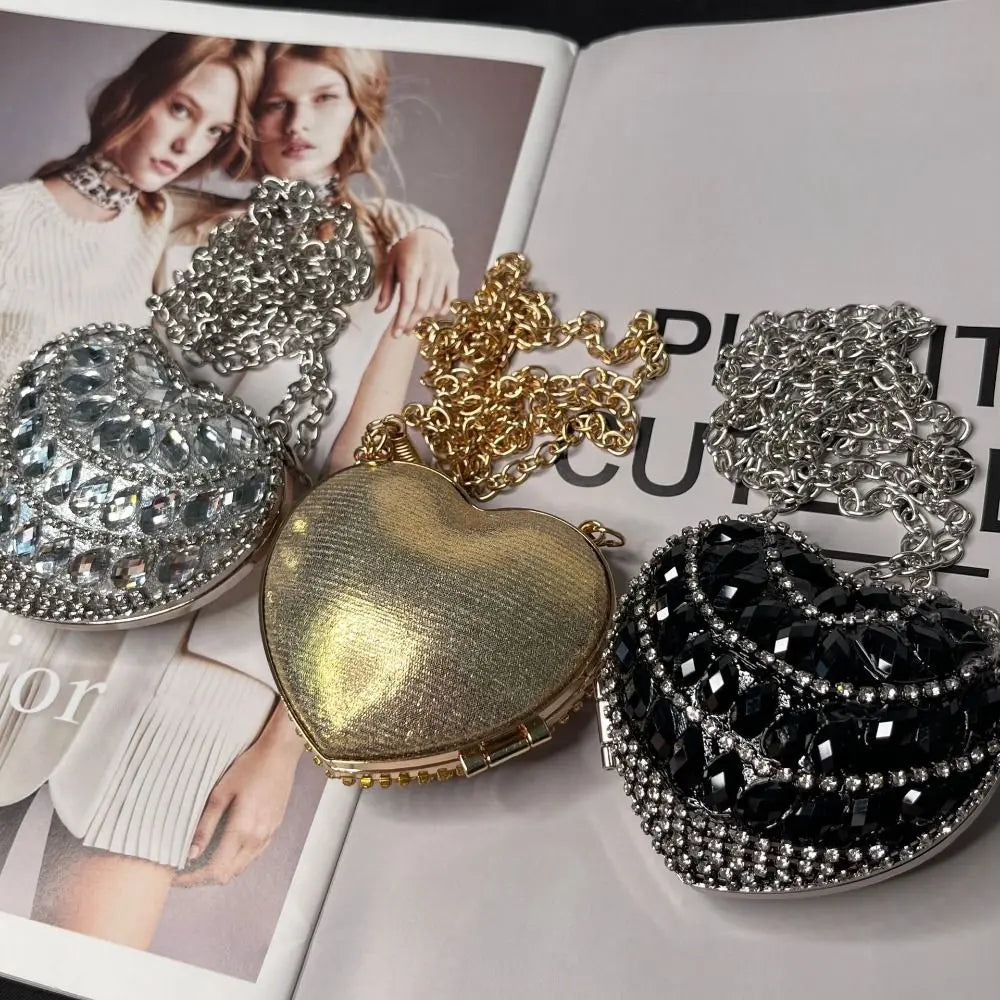 Luxury Rhinestones Ladies Evening Bag Mini Heart Shape Shoulder Bag Portable Handle Rhinestone Handbags Evening Wedding Party