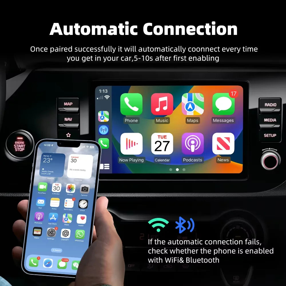 2 in 1 Wireless CarPlay Android Auto Adapter Smart USB Auto Connect Plug & Play for iPhone and Android Factory Wired Cars