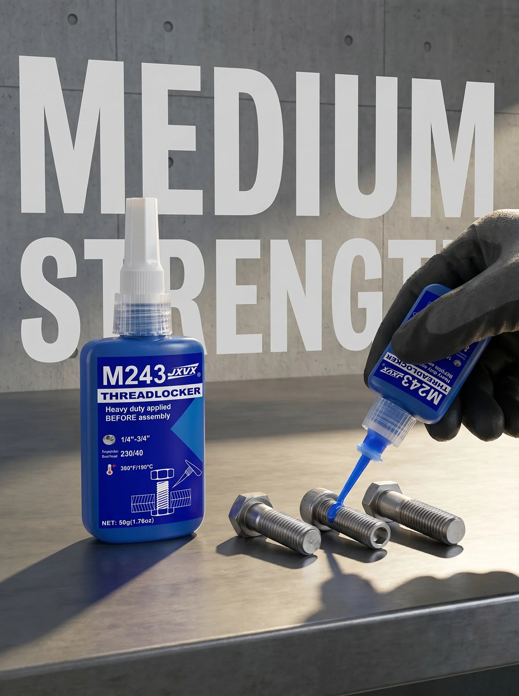Medium Strength Blue Threadlocker, 50ml, Oil-Resistant and Anti-Rust Anaerobic Adhesive for Metal Fasteners on Motorcycles, Bicycles and Cars