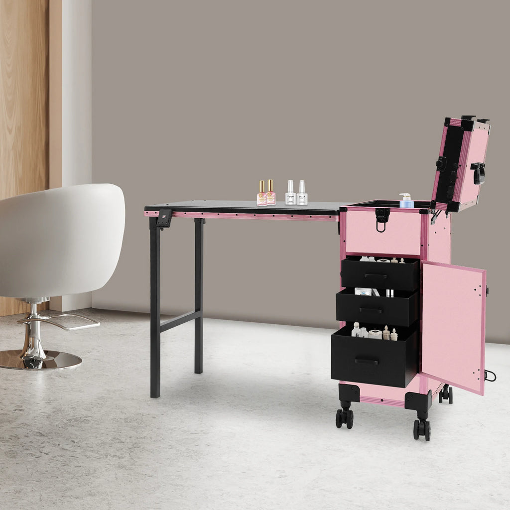 3-Tier Foldable Makeup Trolley with Lockable Drawers and Combination Lock, Mobile Beauty Case with Fold-out Table for On-Site Makeup