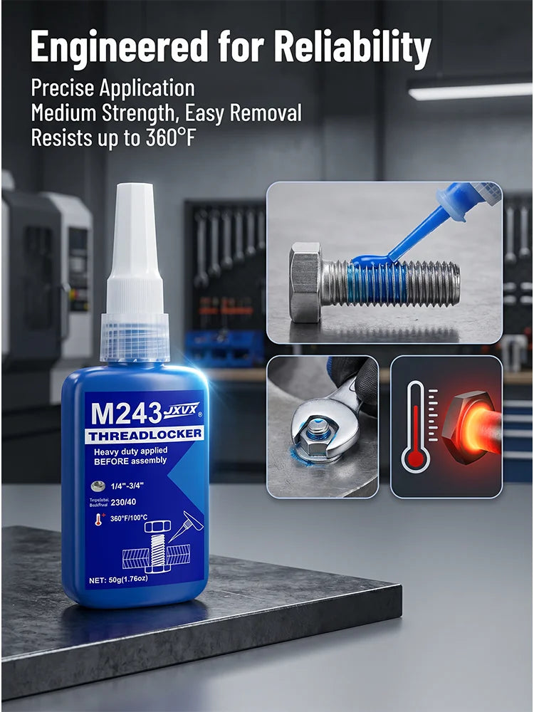 243 Blue Threadlocker, Medium Strength |   Anti-Vibration, Oil-Resistant and Easy to Disassemble, Vibration Proof Screw Adhesive, Blue Anaerobic Glue