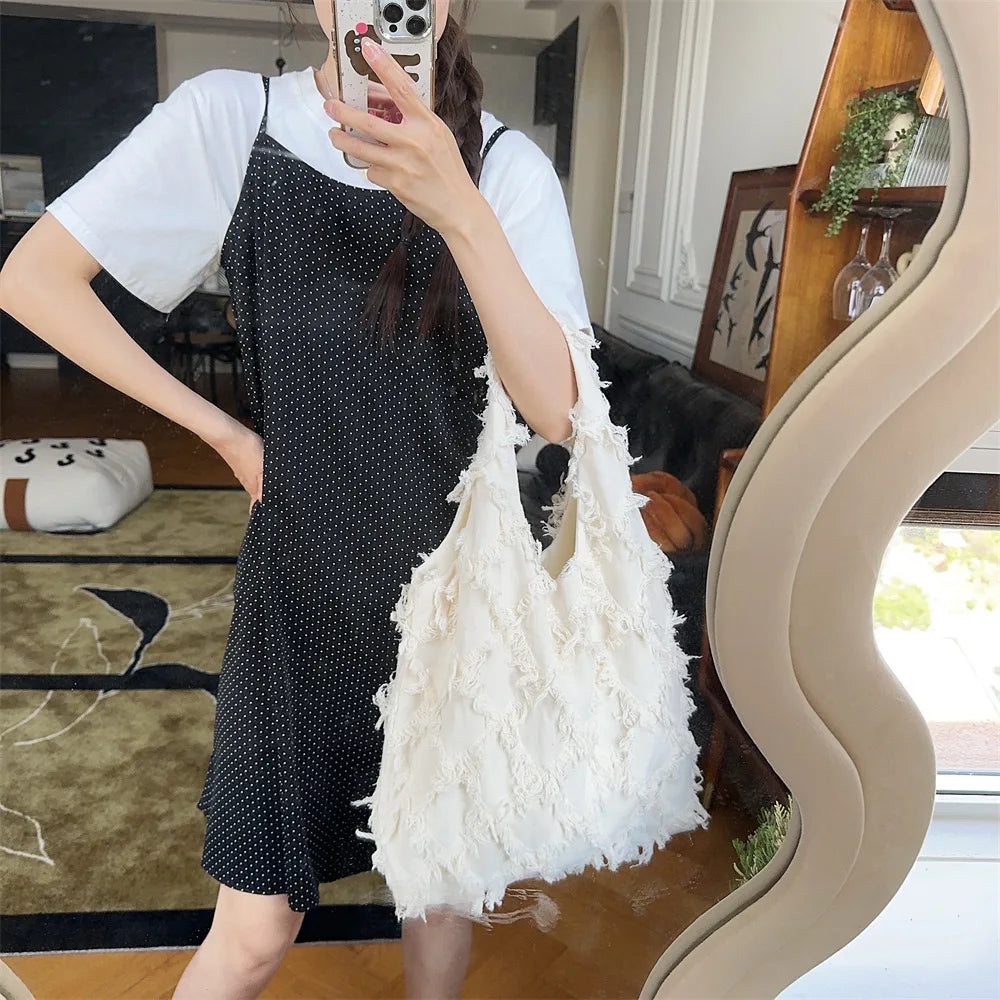 Tassels Diamond Women's Shoulder Bag Large Capacity Female Vest Shopping Bags Soft Canvas Ladies Commute Tote Purse Handbags