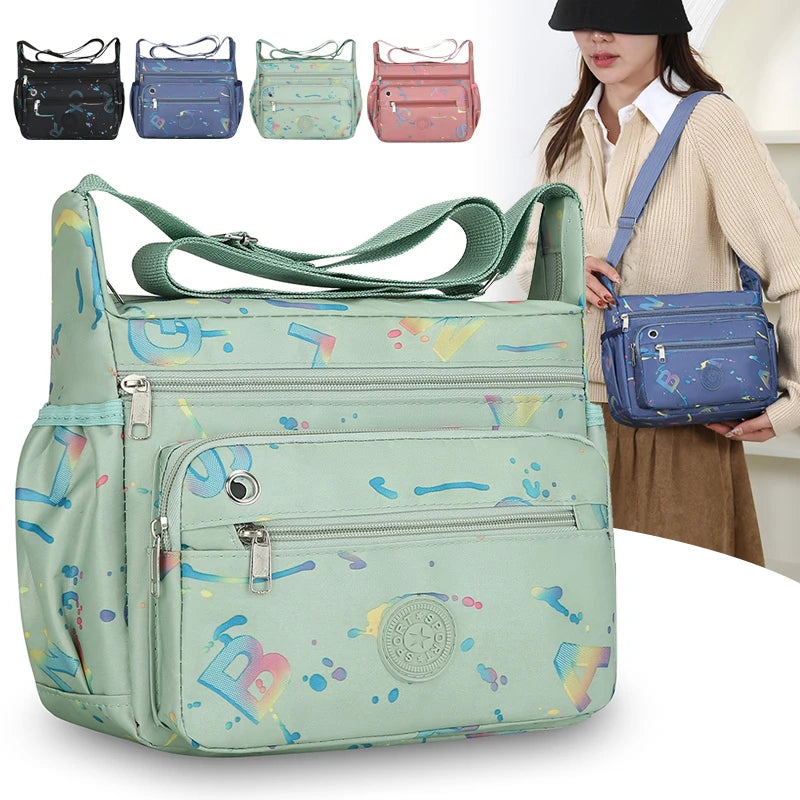Stylish Metallic Print Crossbody Bag Waterproof Oxford Nylon Multi-Pocket Messenger Women for Travel Work Gym Waist Fanny Pack