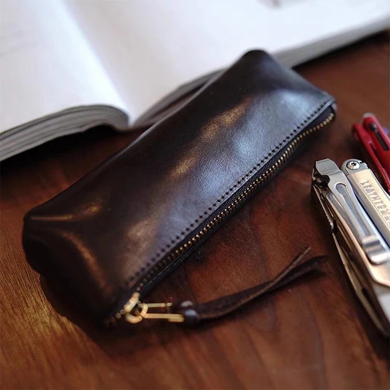Simple leather pencil bag men and women large capacity high school students stationery bag makeup brush sub pen bag