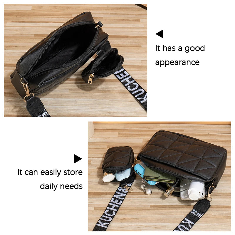 Fashionable Mobile Phone Bag, Large Capacity Checkered Shoulder Bag, Two-Piece Set, Wide Shoulder Strap