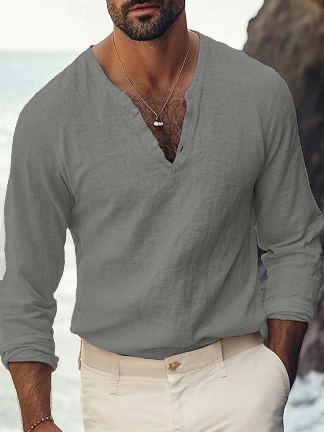 Men Textured Henley V Neck Linen Blend Long Sleeve Casual Shirts