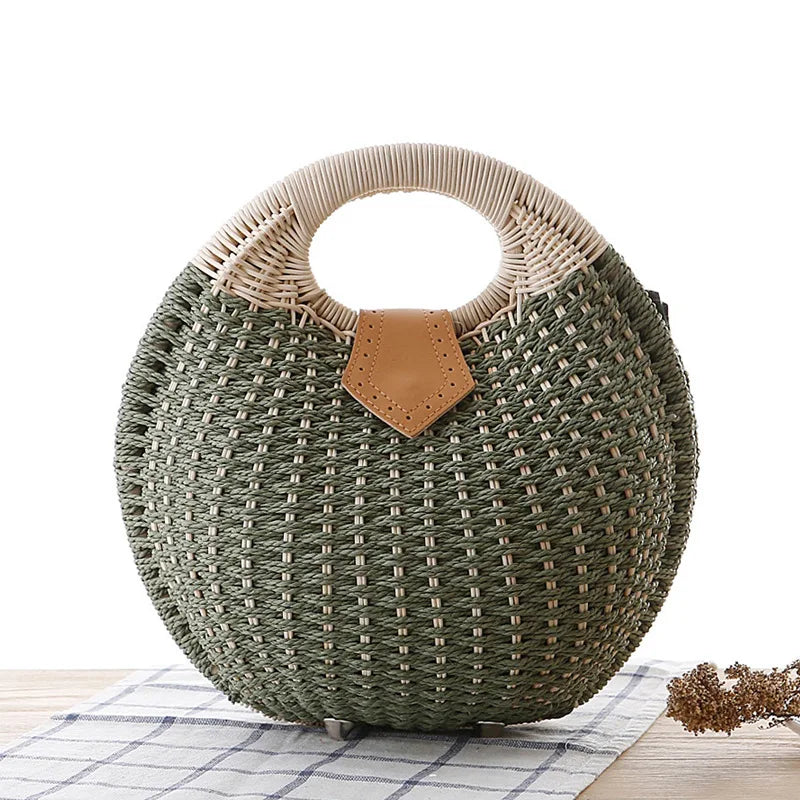 2025 Luxury Hand Woven Holiday Shell Handbags Personality Cute Rattan Bag Casual Small Round Tote Woven Female Fashion Beach Bag