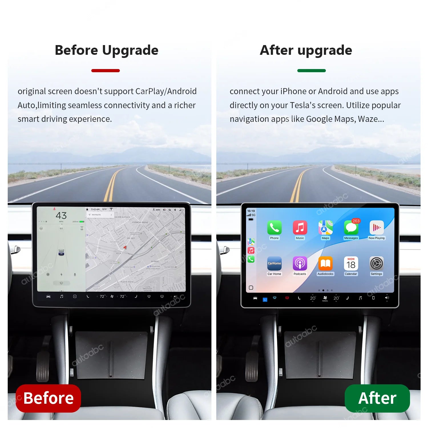 AUTOABC Wireless CarPlay Android Auto for Tesla Model 3 Model Y 2019-2024 Support for Aftermarket Cameras