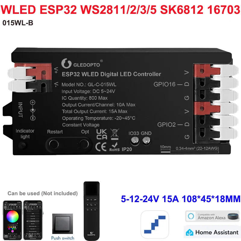 5GLEDOPTO ESP32 PWM WLED Dynamic LED Controller 5 in 1 DC12-24V WIFI App Control for RGBCCT RGBW RGB CCT DM WS2811/2B/3/5 Strip