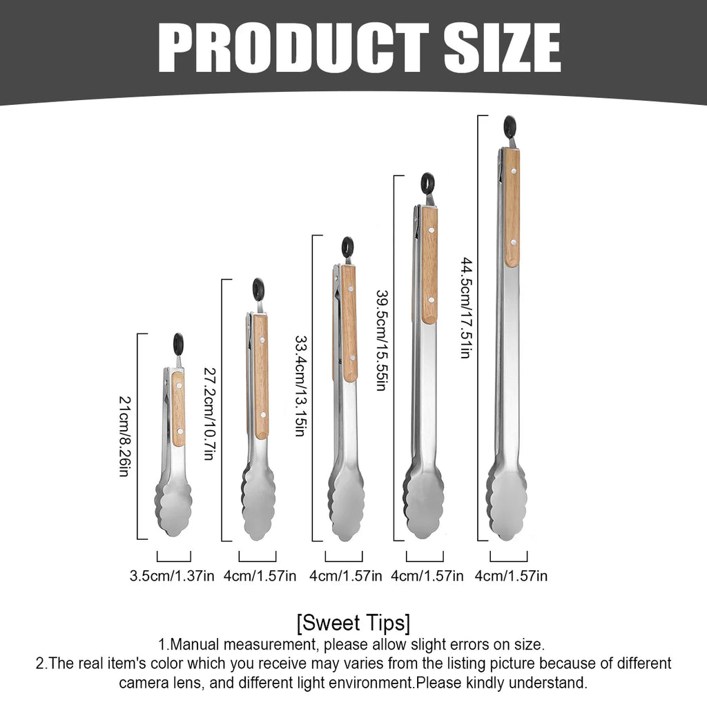 Leeseph Stainless Steel Food Tongs, 7-16 Inch Length, Heavy Duty Kitchen Tongs with Wooden Handle for Cooking, Grilling and BBQ