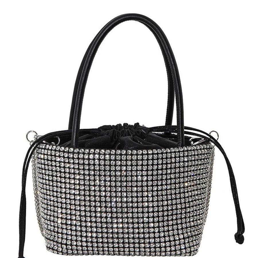 Luxury party dinner bag, drawstring diamond handbag, large capacity bucket bag, banquet chains shoulder crossbody women's bag
