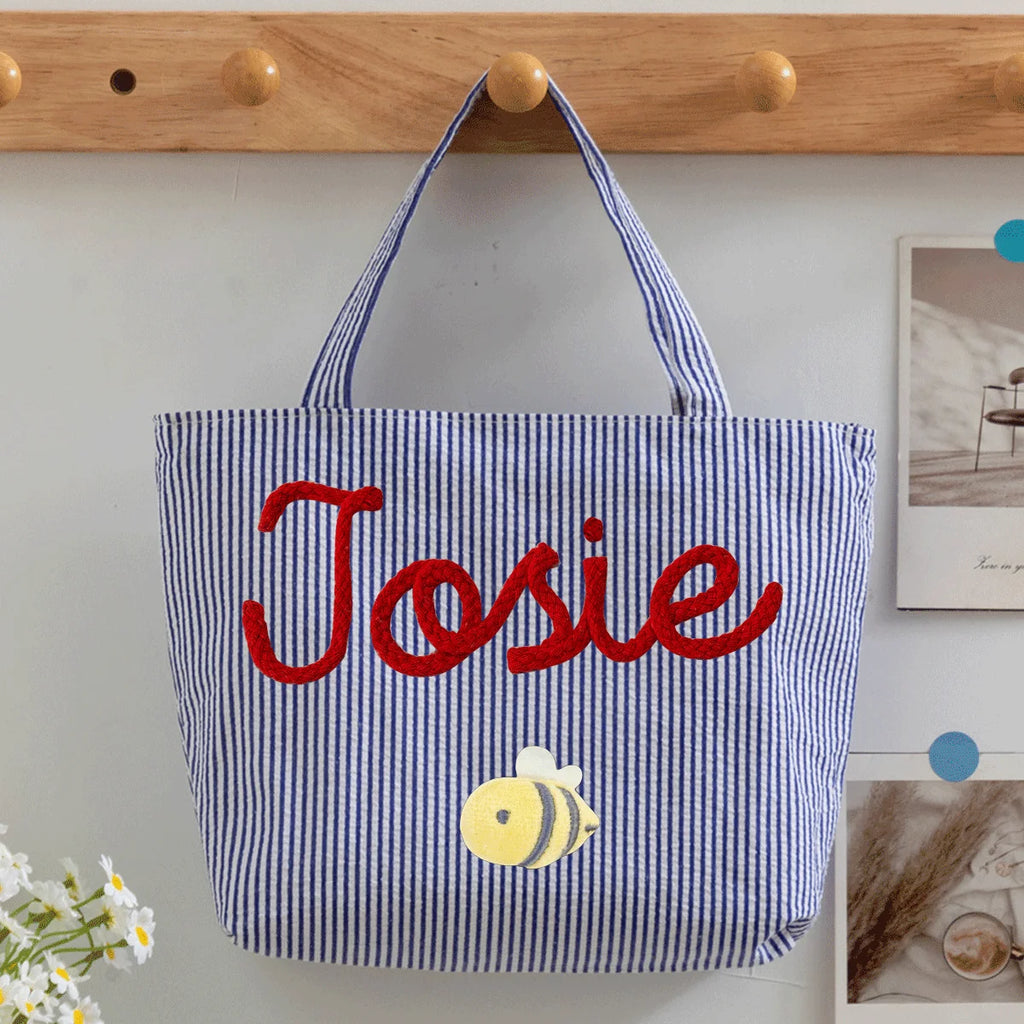 Custom Seersucker Cosmetic Handbag and Travel Organizer — Personalized Chenille Letter Toiletry Bag and Summer Beach Tote