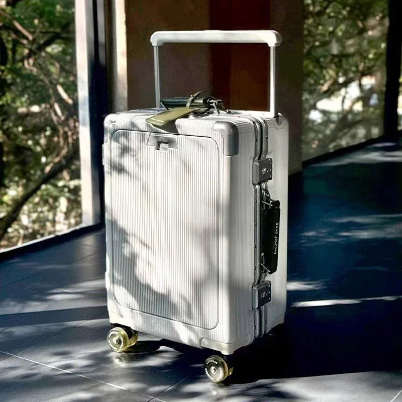 Front opening luggage with aluminum frame, ice skating wheel, leather suitcase, pull rod suitcase, women's suitcase, small suitc