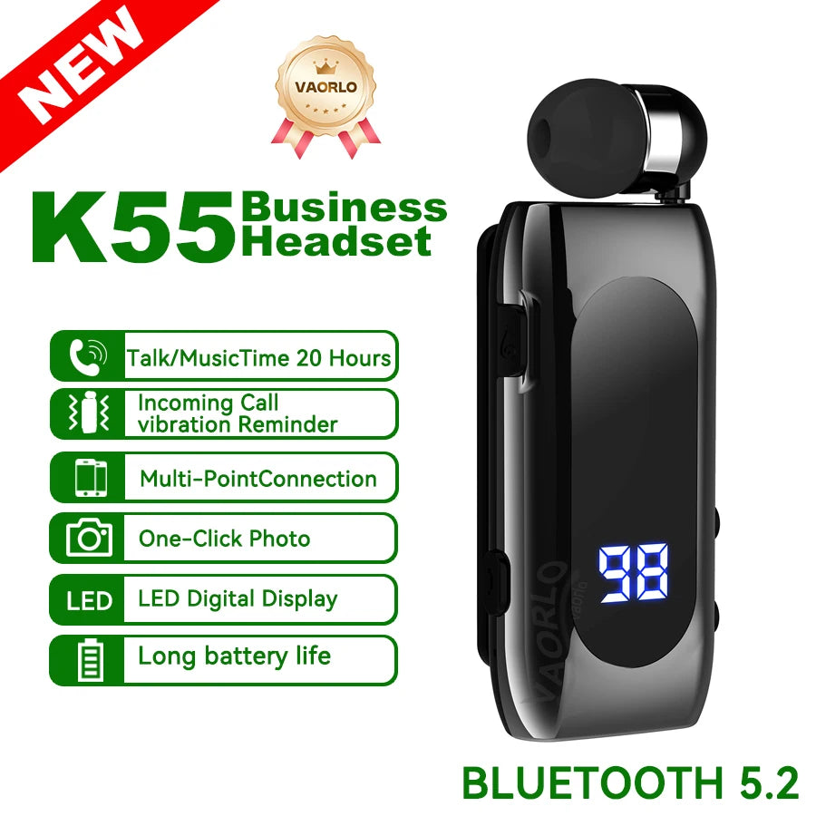 K75 Lavalier Business Headset Bluetooth 5.4 Bass Earphone HD Call Vibration Reminder+Voice Number Reporting Wireless Headphone