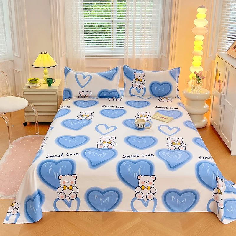 1PC or 3PCS Bed Flat Sheet Pillowcases Bed Cartoon Printed Top Sheets Single/Queen/King Flat Bedsheets Home Bed Linen Sheets