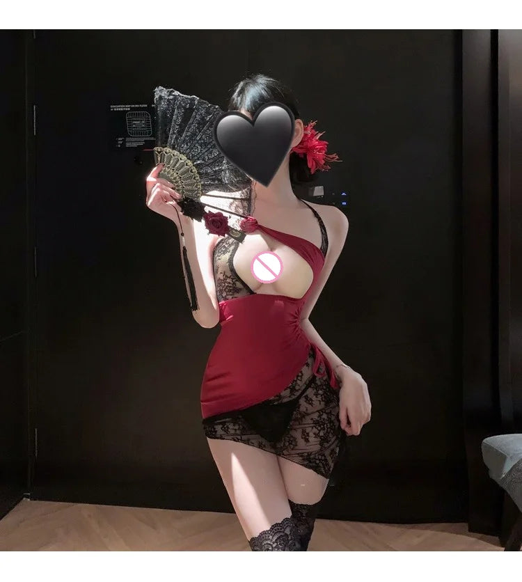 Sexy ultra-thin see-through rose lace panel waist-hugging hip-hugging skirt sexy lingerie passionate battle dress for women