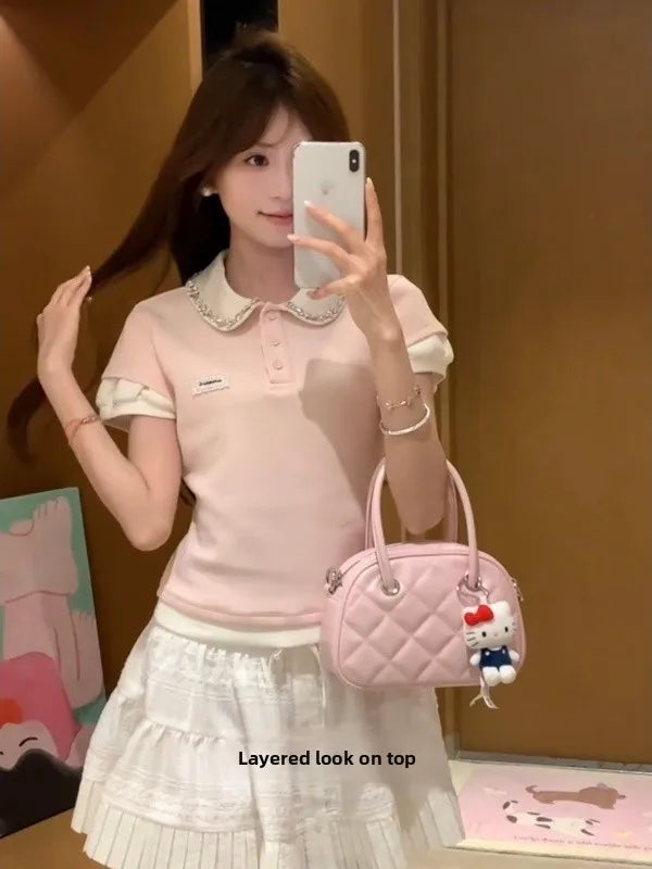 Fashionable Short Sleeve T-Shirt Women's Summer Style Color Block Doll Collar Top Miu Series Fake Two-Piece Casual Wear