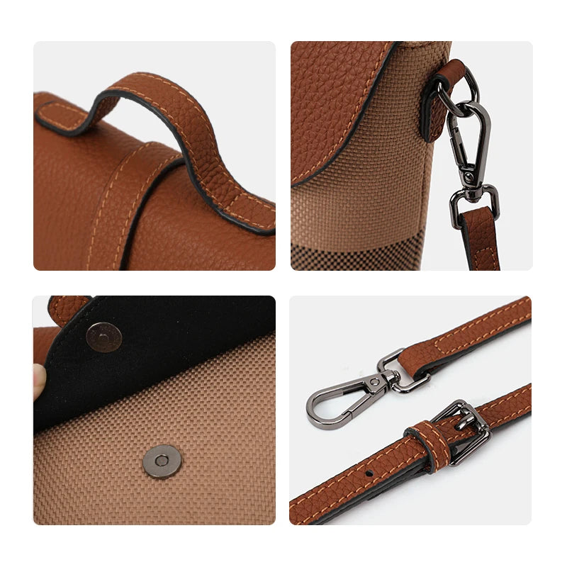 Women's Canvas Spliced Cowhide Shoulder Bag, Mini Striped Flap Handbag, Coin Purse & Crossbody Bag
