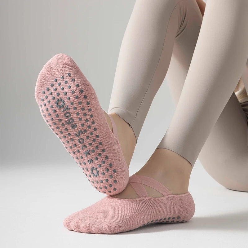 1 pair Professional Yoga Socks,  Cotton Strapping Silicone Anti-Slip Pilates Fitness Dance Floor Socks