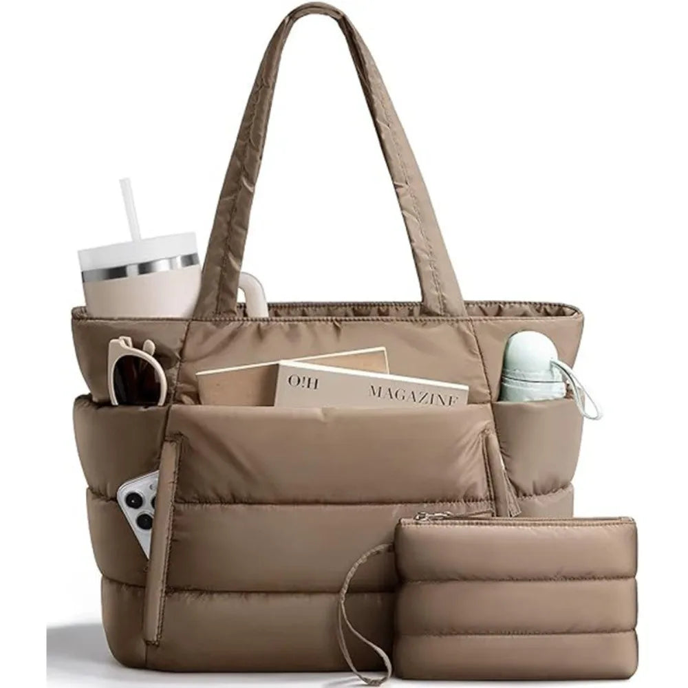 Large Capacity Puffer Tote Bag for Women Multiple Pockets with Coin Purse Commuting Bags Lightweight Water-resistant Mom Bag