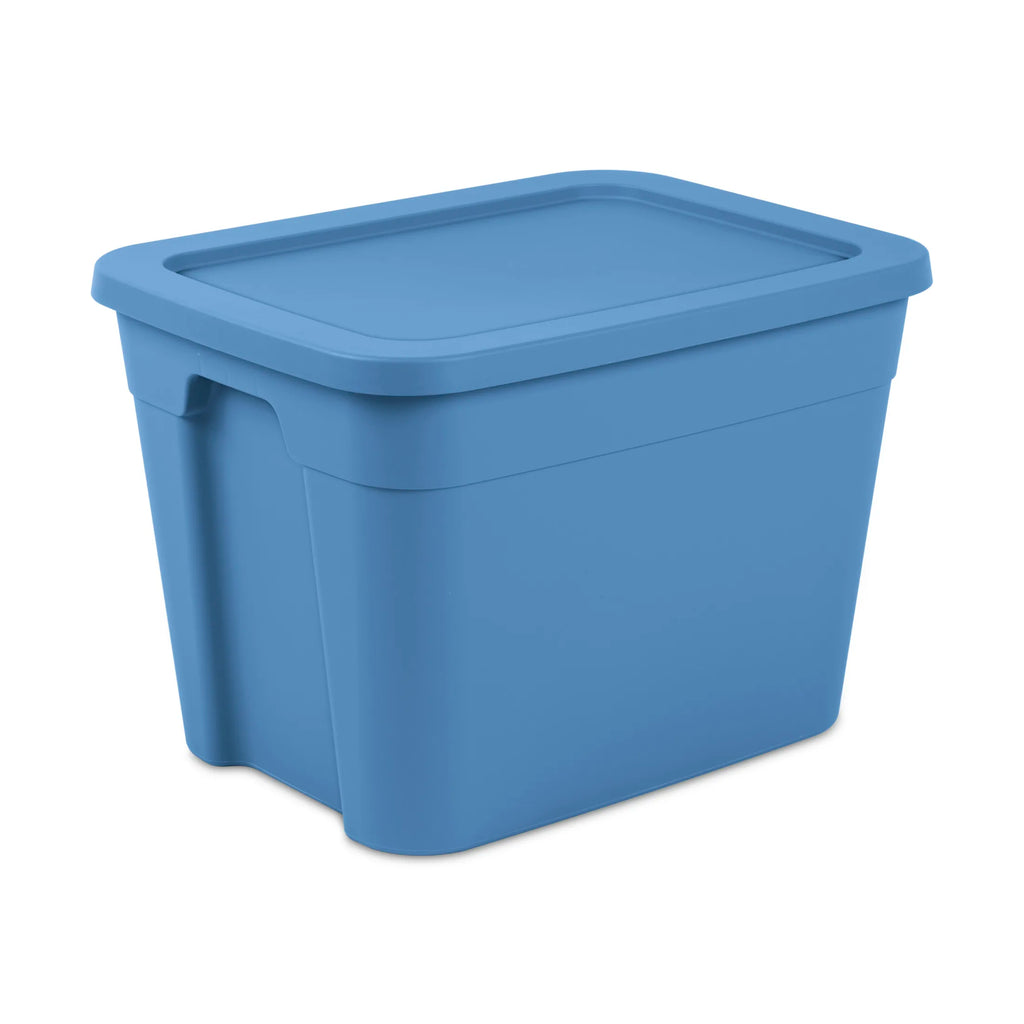 4 pack 18 gallon plastic storage tote with snap lid stackable blue