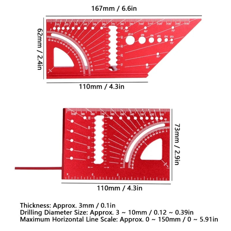 Woodworking Square Size Measure Ruler Aluminum Alloy 3D Mitre 45 90 Degree Angle Measuring Tool