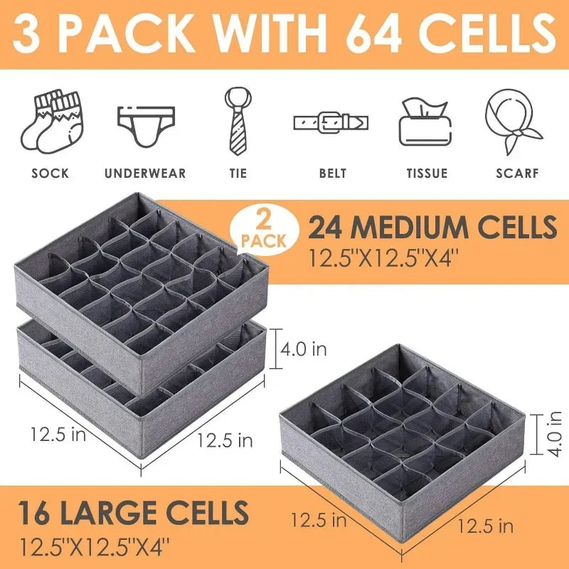 1/2/3 Pack Gray Sock Underwear Organizer Dividers 16/24/64 Cell Fabric Foldable Closet Organizers Storage Boxes for Storing Sock