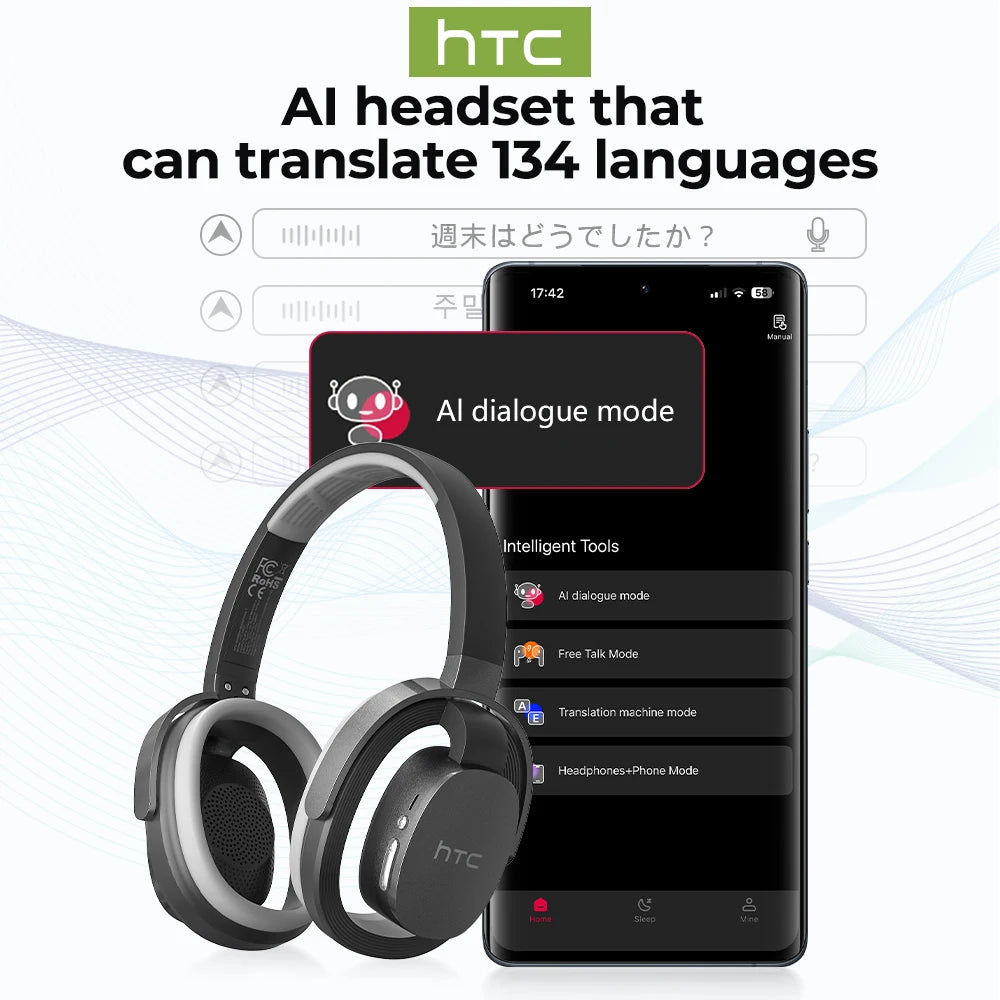 Wireless Game Earphones HTC HP07 AI Translator Headset with Mic, Comfortable Sports Headband, Immersive Audio for Running Gym