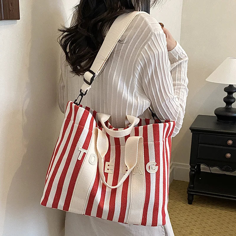 Fashion Striped Contrasting Tote Bag Large Capacity Casual Canvas Shoulder Crossbody Bag Versatile Letter Embossed Women Handbag