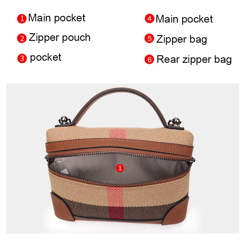 Aidrani  New women's shoulder crossbody mini bag, plaid small square bag, made of canvas and cowhide material