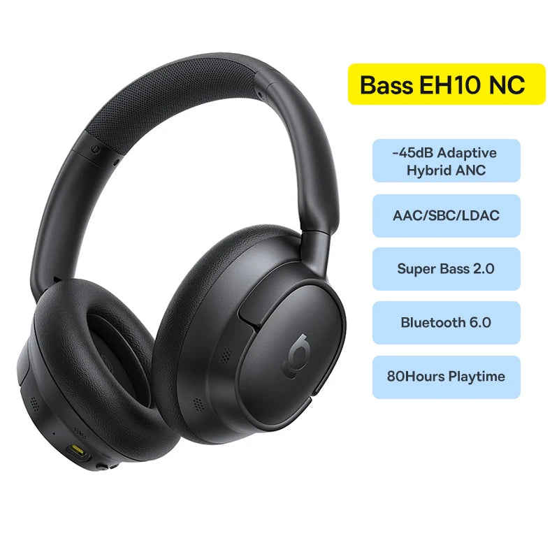Baseus Bass EH10 NC Wireless Headphones Bluetooth 6.0 Noise Canceling 45dB Over Ear HeadsetSpatial Audio Earphone 80H Time