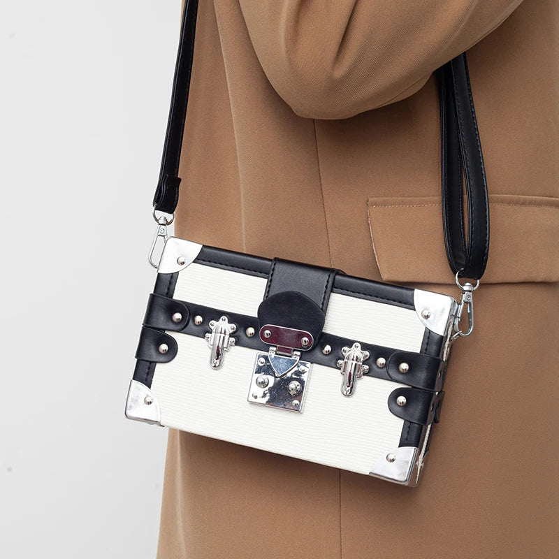 Trendy PU Leather Girls Shoulder Bags, Handmade Retro Lock Box Purse, Crossbody Bag for Daily Use, Work Travel Fashion Accessory