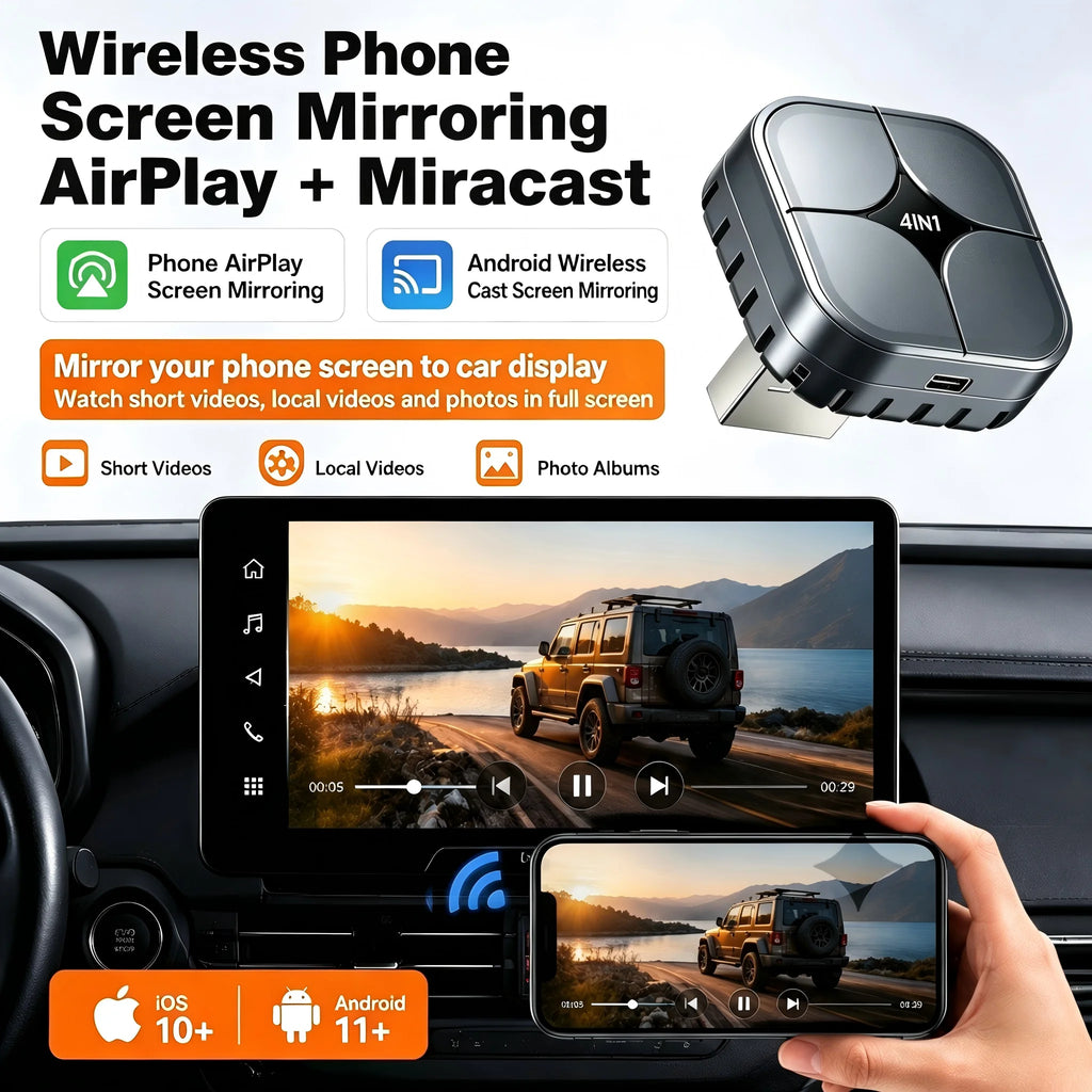 2026 NEW 4 IN 1 Wireless CarPlay Adapter Convert OEM Wired CarPlay Android Auto To Wireless AirPlay Miracast Screen Mirroring