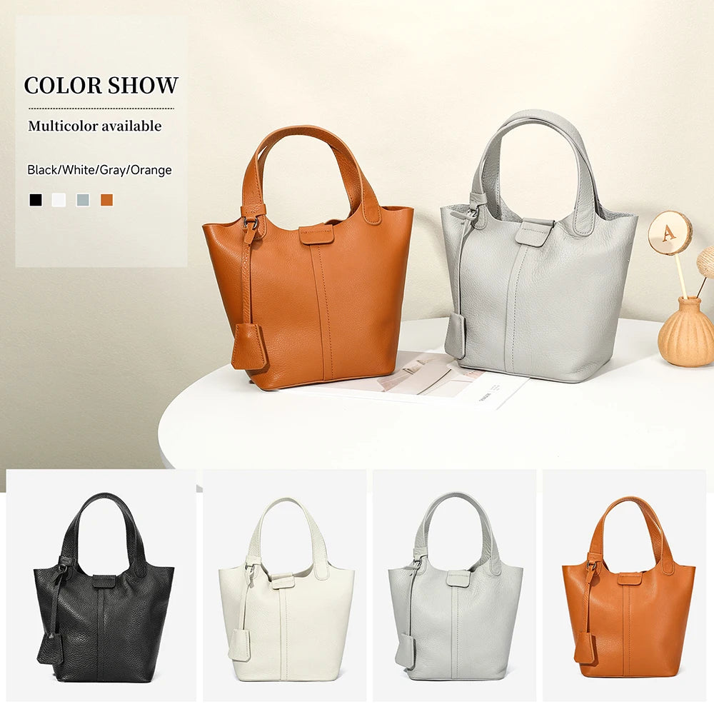 Ladies Full Grain Top Layer Cow Leather 2pcs Bag Set Small Tote Bucket Handbag Detachable Strap Crossbody Bag with Matching Clut