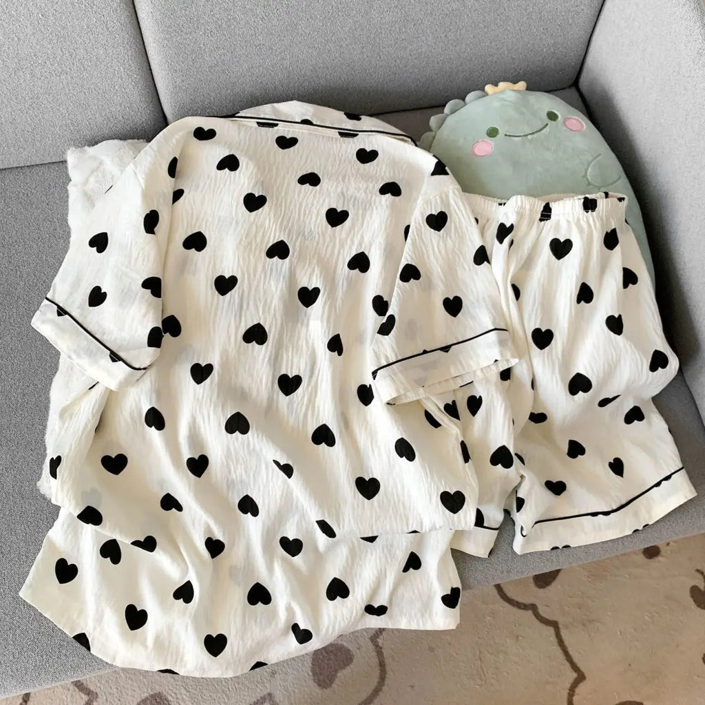 Women's Summer Thin Pajamas with Heart-Shaped Pattern, Short-Sleeved Shorts, Sweet and Cute, Can Be Worn Outside in Summer, Two-Piece Home Wear Set