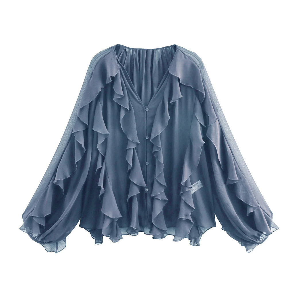 2026 Summer Chic Women's Elegant Loose Long Sleeve Layered Shirts Office Lady Vintage V-neck Translucent Tierred Ruffles Blouses