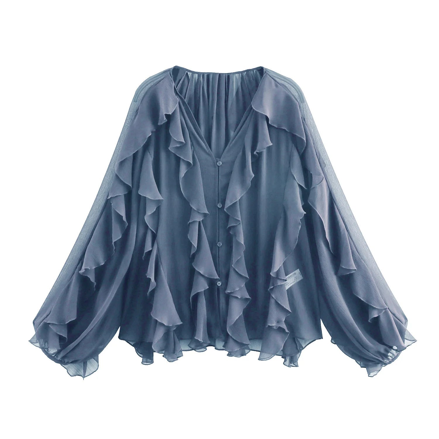 2026 Summer Chic Women's Elegant Loose Long Sleeve Layered Shirts Office Lady Vintage V-neck Translucent Tierred Ruffles Blouses