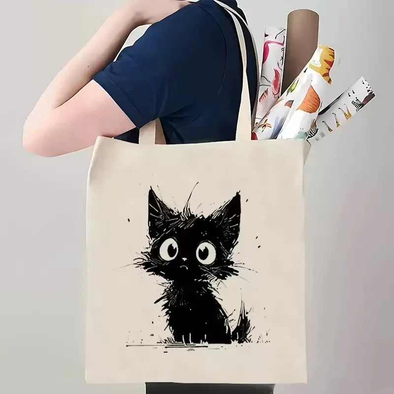 Women Canvas Baguette Bag 1 Pack Cute Cat Pattern Handbag Tote Reusable Shopping Bag Multifunctional High Capacity Printed Storage Bag Gift for Cat Lovers Holiday Birthday Present