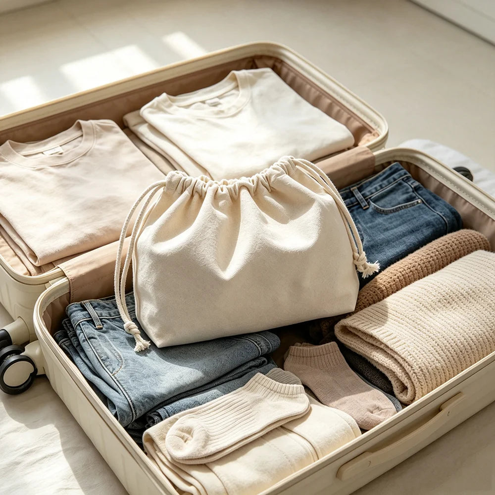 1PC Beige Double Drawstring Storage Bag - A Casual Accessory and Cosmetics Home Sundries Organizer Bag with Secure Closure