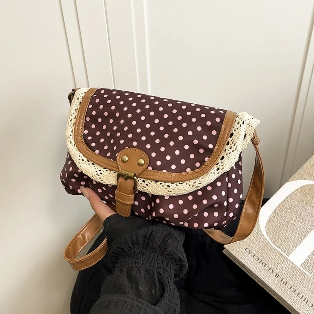 New Polka Dot Crossboby Bag Canvas Lace Trim One-Shoulder Bag Vintage Casual Commuting Bag for Women