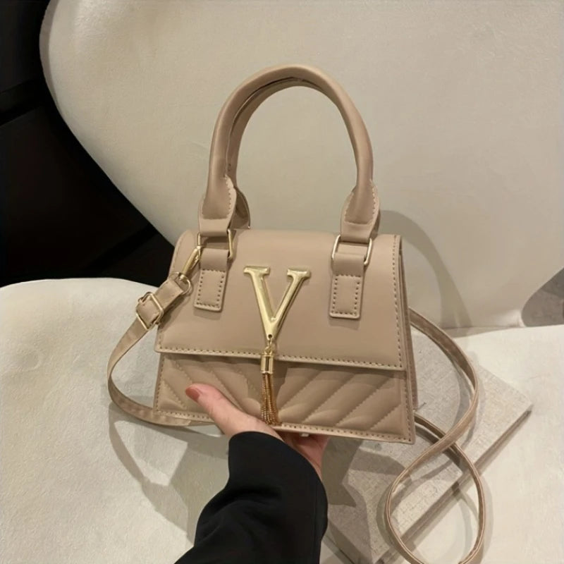 Fashion Quilted Top-Handle Bag, Gold V-Shape Tassel Hardware Satchel with Detachable Strap, Elegant Crossbody Purse for Women