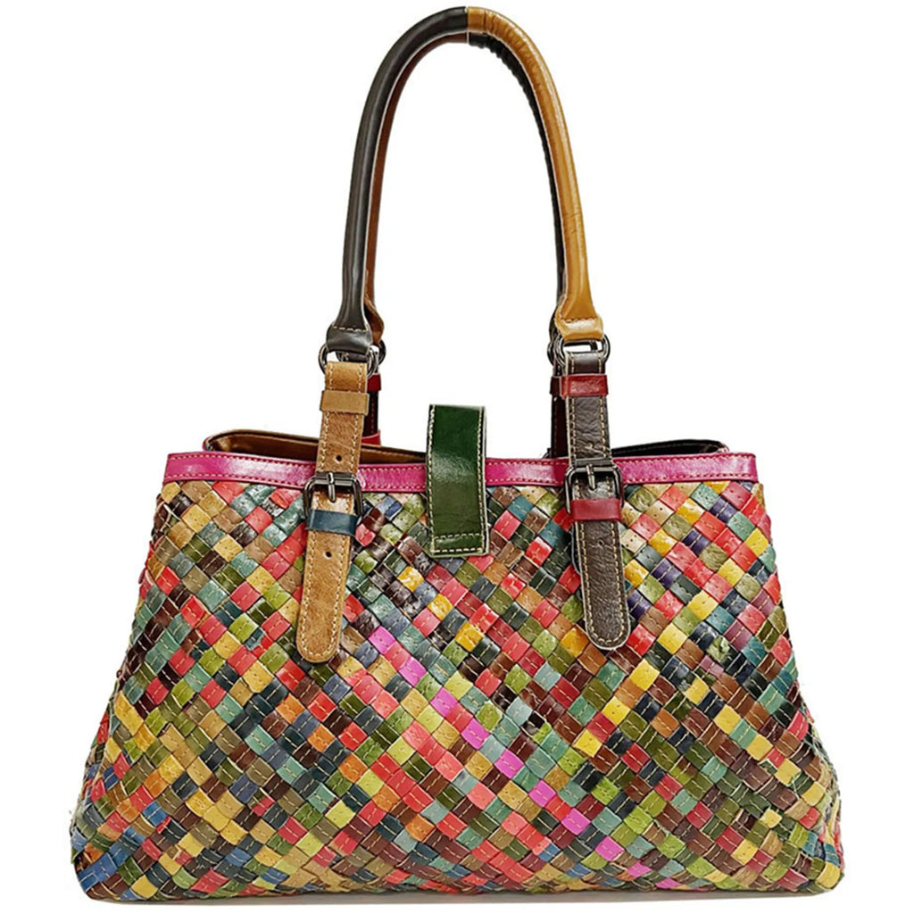 Fashionable Top Grain Genuine Leather Women Shoulder Bags Woven Handbag Contrasting Color Travel Crossbody Hand Messenger Valise